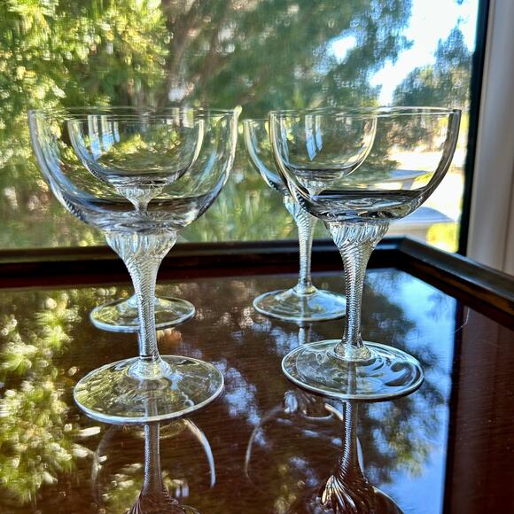 Vintage Twisted Stem Crystal American Cut Roberto Water & Coupe Glasses Set 8 - Picture 12 of 15